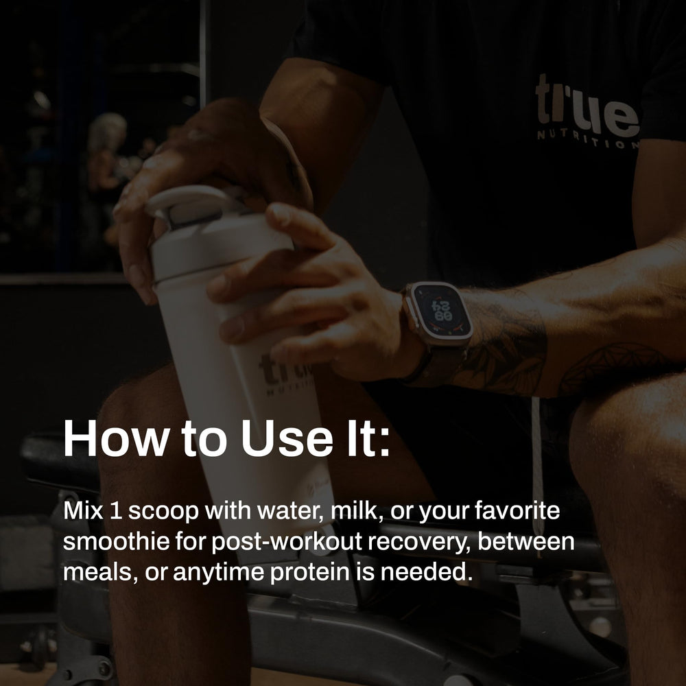 True Nutrition Whey Chocolate Shake image conveys rich flavor and fast amino acids.