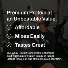 True Nutrition whey concentrate mixing glass demonstrates easy blend and smooth texture.
