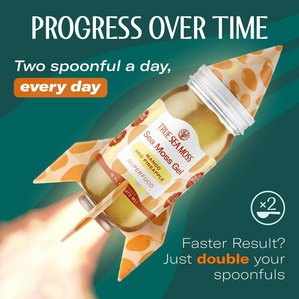 TrueSeaMoss product line with gels, drops, and powders
