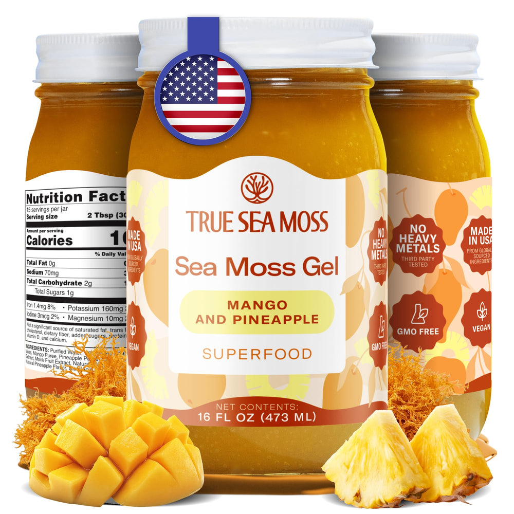 TrueSeaMoss sea moss gel mango pineapple bottle pour for easy daily use