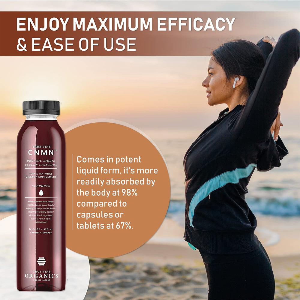 True Vine liquid cinnamon pour highlights potent oil for easy daily use.