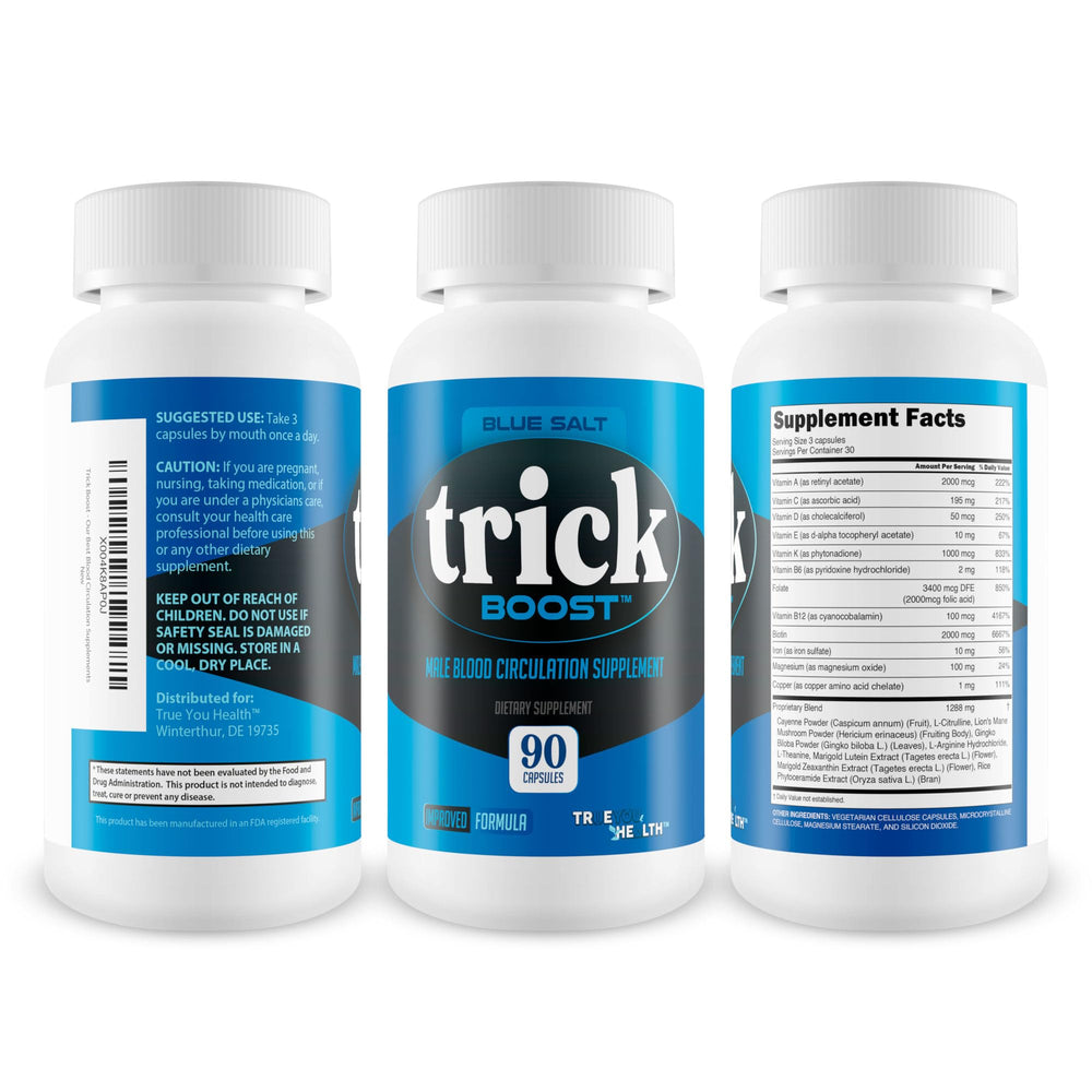 True You Health Blue Salt Trick Boost pour illustrates daily use for circulation support.