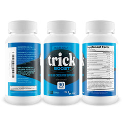 Blue Salt Trick Boost label close-up highlighting ingredients for circulation support.