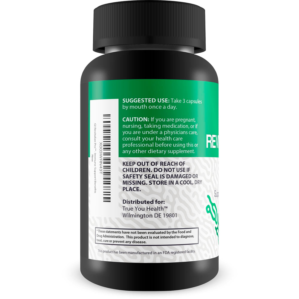 True You Health GI Revitalize Pro capsules closeup highlights gut-friendly fiber and vitamins.