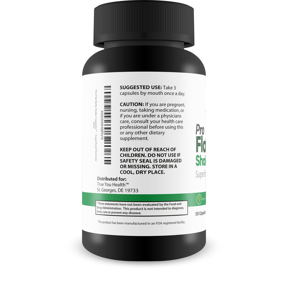 True You Health Pro Flat Belly Shake Capsules packaging emphasizes premium gut cleanse in the USA.