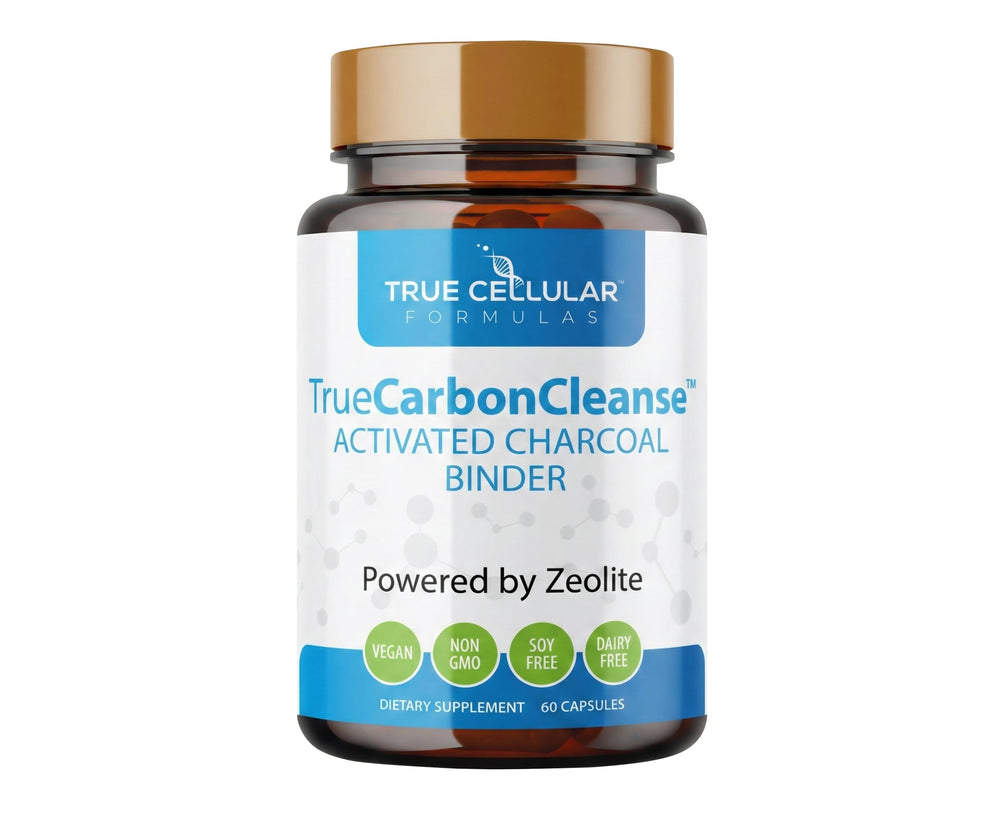 TrueCarbonCleanse bottle and capsules demonstrating detox support with activated charcoal.
