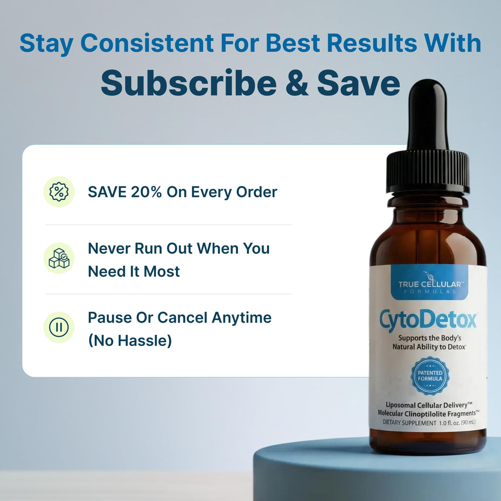 True Cellular Formulas CytoDetox ingredients close-up with Clinoptilolite zeolite and fulvates