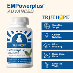 Truehope EMPowerplus Advanced bottle with pour demonstrates easy daily dosing.