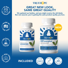 Truehope EMPowerplus Advanced capsules closeup emphasizes balanced nutrient complex.
