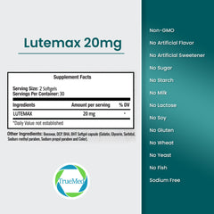 TRUEMED Lutemax softgels close-up highlighting easy-to-swallow format for busy professionals