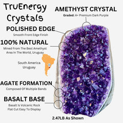 TruEnergy amethyst crystal closeup shows intricate facets for display.