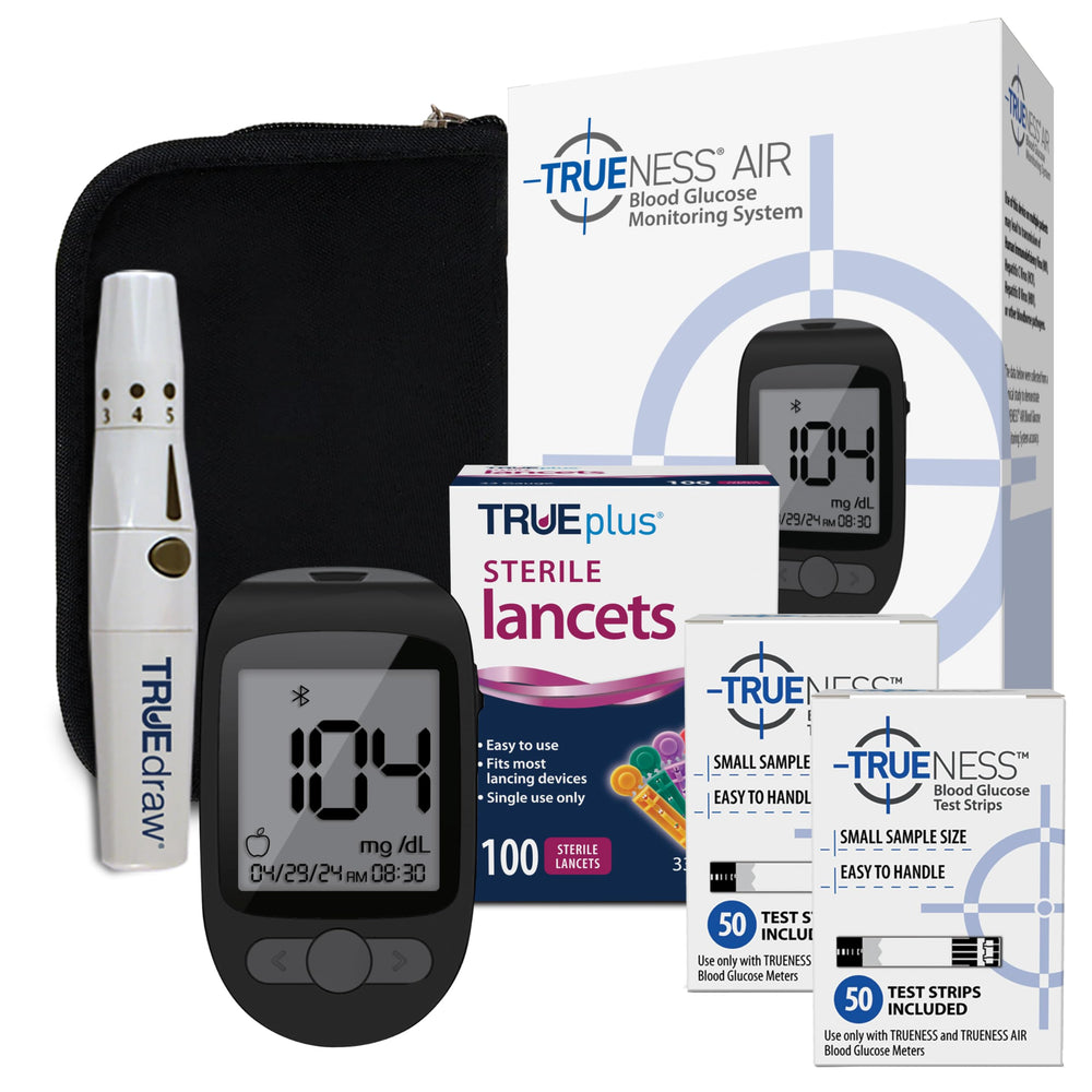 TRUENESS AIR bundle packaging shows a complete home testing kit for glucose