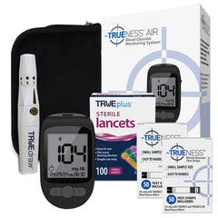 TRUENESS AIR bundle packaging shows a complete home testing kit for glucose