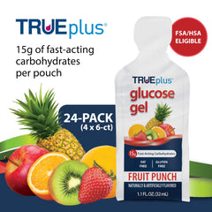 TRUEplus Glucose Gel Fruit Punch pouch opened for fast intake during activities