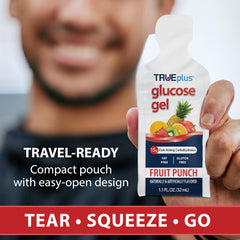 TRUEplus Glucose Gel Fruit Punch squeeze delivers calories in seconds