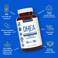 Truevantage DHEA capsules closeup, veggie capsules for daily wellness.