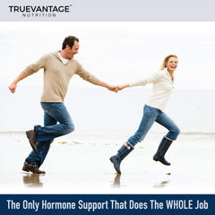 Truevantage DHEA bottle at night supports rest and mood.