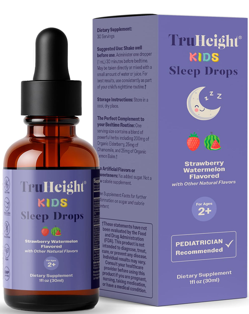TruHeight Kids Sleep Tincture bottle on nightstand, promoting calm bedtime.