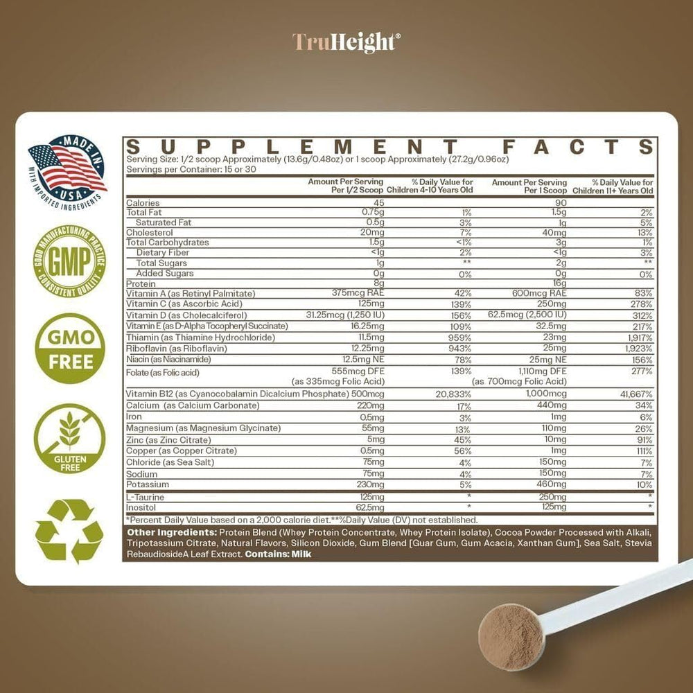 TruHeight Growth Protein Shake tub highlights 16g whey protein and essential vitamins