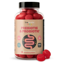 TruHeight Kids prebiotic and probiotic gummies in strawberry bottle supporting gentle digestion.