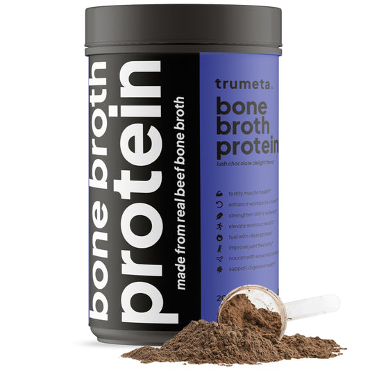 TRUMETA beef bone broth protein powder tub front showing premium collagen source