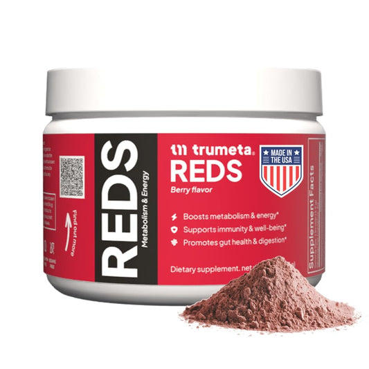 TRUMETA Reds powder jar close-up for on-the-go immune support.