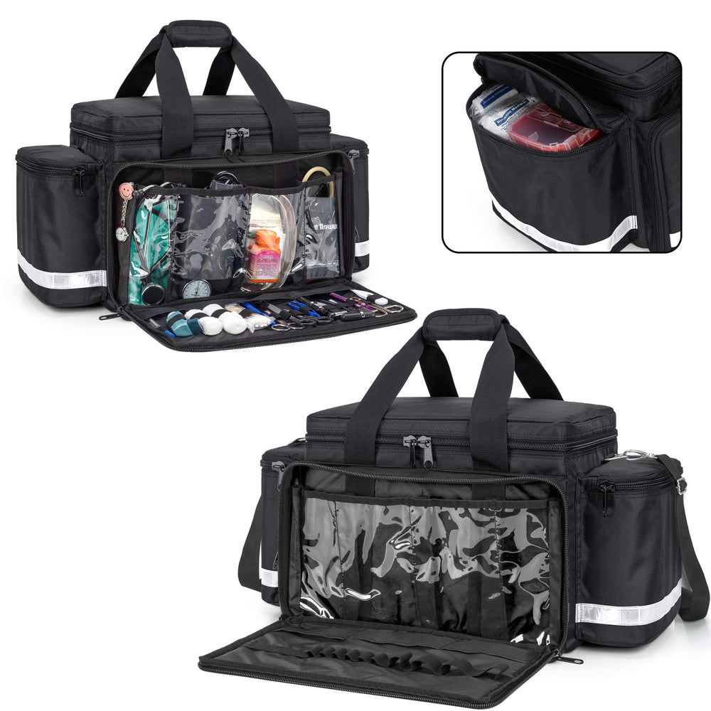 Trunab first aid bag removable dividers separate supplies for easy access.