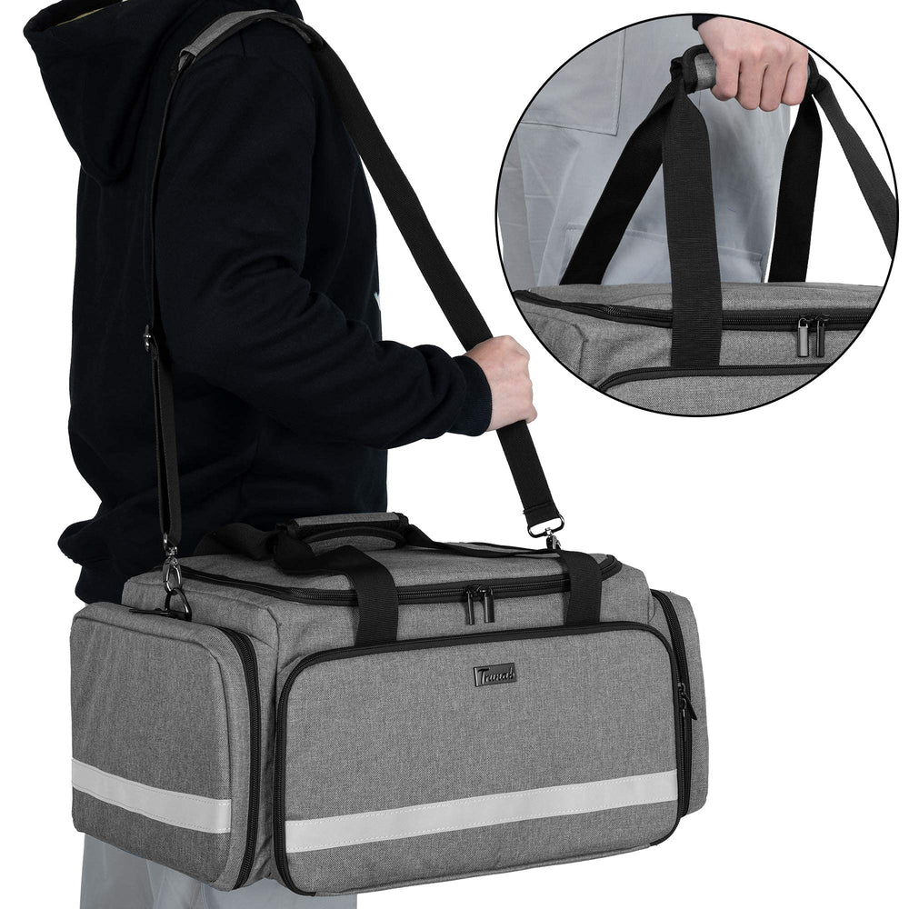 Water resistant nylon exterior of the Trunab bag with reflective strips