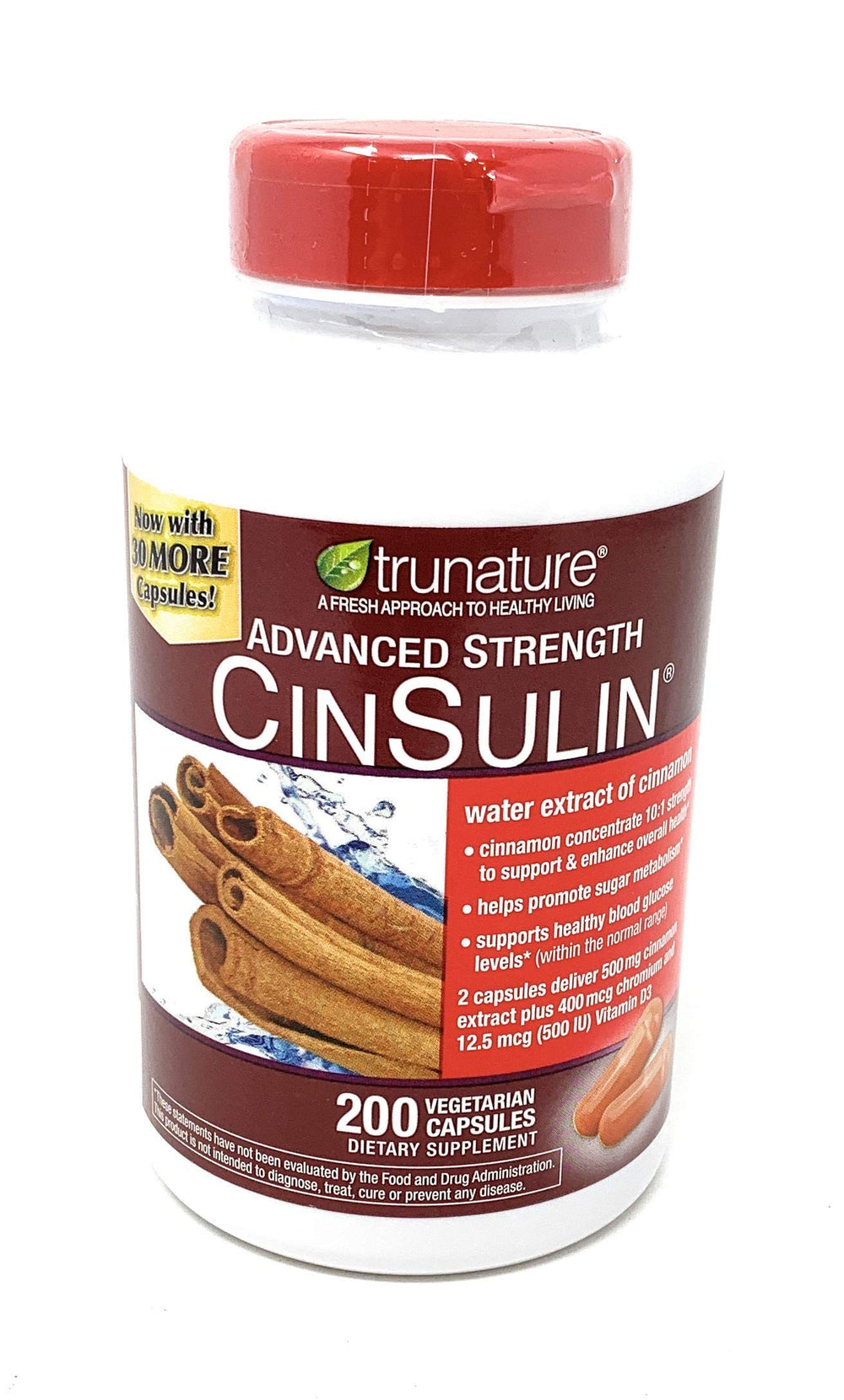 TruNature CinSulin 500mg ingredients panel highlights cinnamon extract and chromium