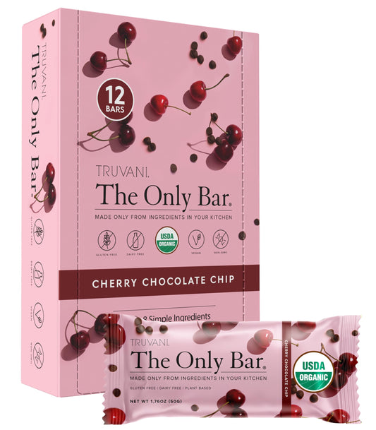 Truvani Cherry Chocolate Chip bar close-up with almonds for protein on the go.