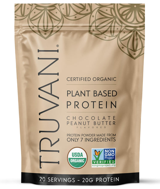 Truvani chocolate peanut butter dairy free protein powder tub, premium plant-based protein.