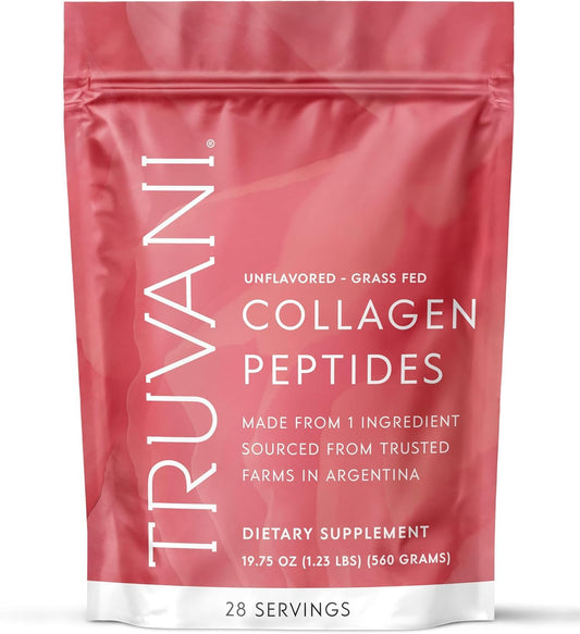Truvani hydrolyzed collagen peptides unflavored bottle highlights easy daily use for hair and skin support.