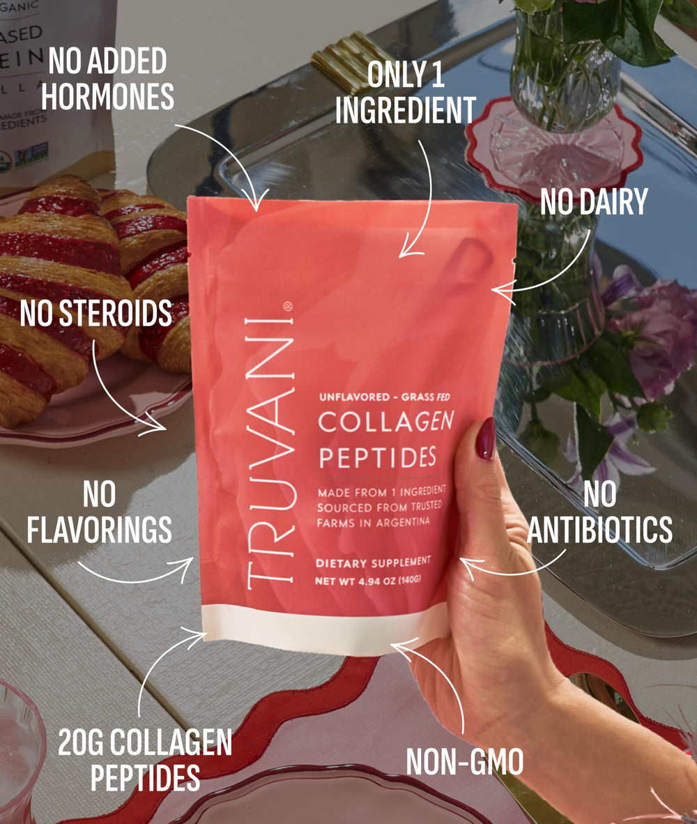Truvani hydrolyzed collagen peptides unflavored dissolve in beverages for versatile use.