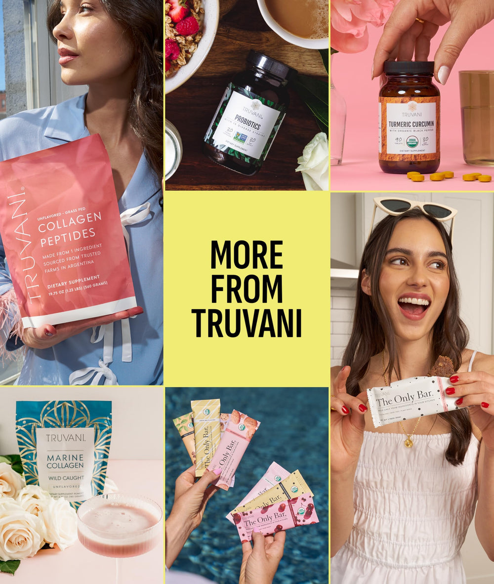Truvani vegan protein powder in a kitchen setting, gluten-free and dairy-free