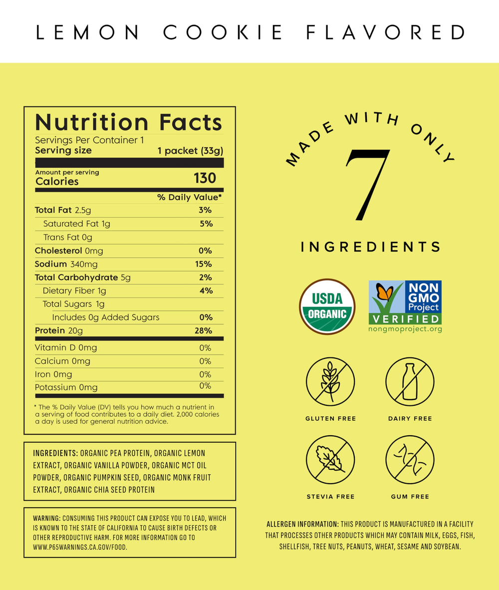 Truvani Lemon Cookie protein packet side view, travel-friendly packaging