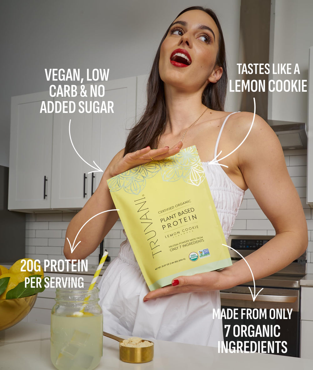 Truvani Lemon Cookie shake in a glass, a tasty plant-based option