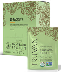 Truvani Matcha pea protein bottle shows clean, organic protein for daily shakes.