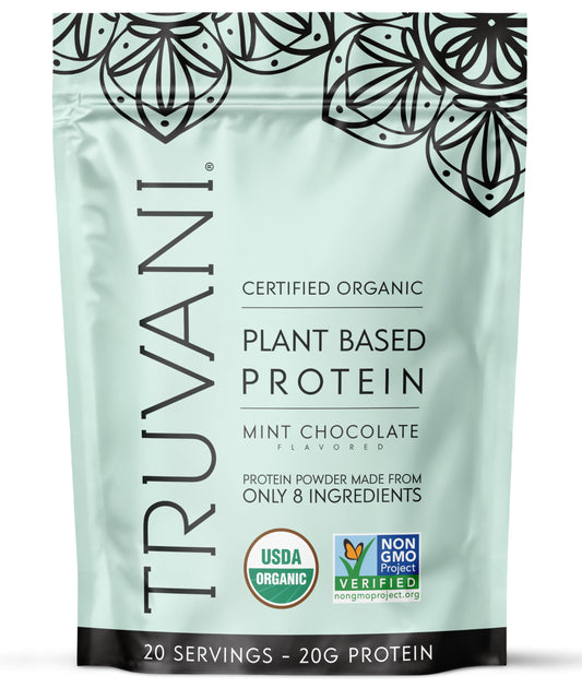 Truvani Mint Chocolate protein powder jar front, highlighting organic ingredients for clean plant-based nutrition.