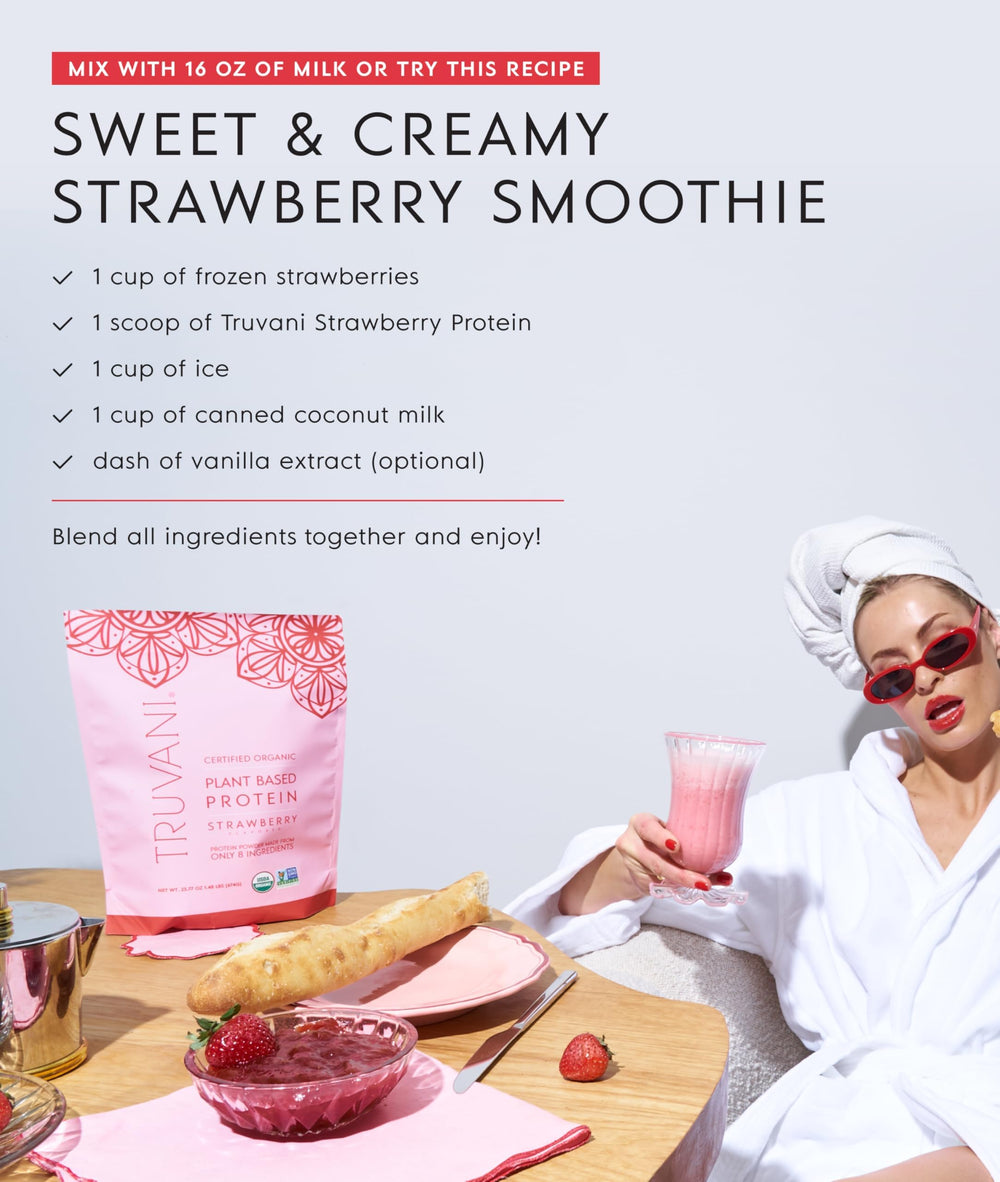 Open packet with strawberry protein powder ready to mix