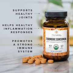 Truvani organic certifications label on turmeric product packaging.