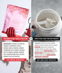 Close up of organic ingredients in Truvani vegan protein blend
