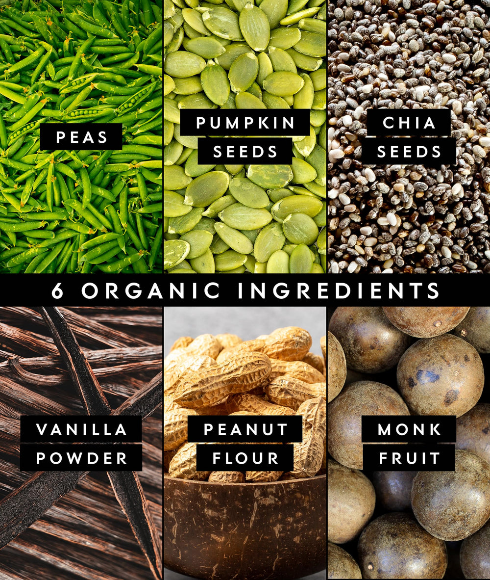 Close-up of Truvani organic ingredients: pea, pumpkin seed, chia blend