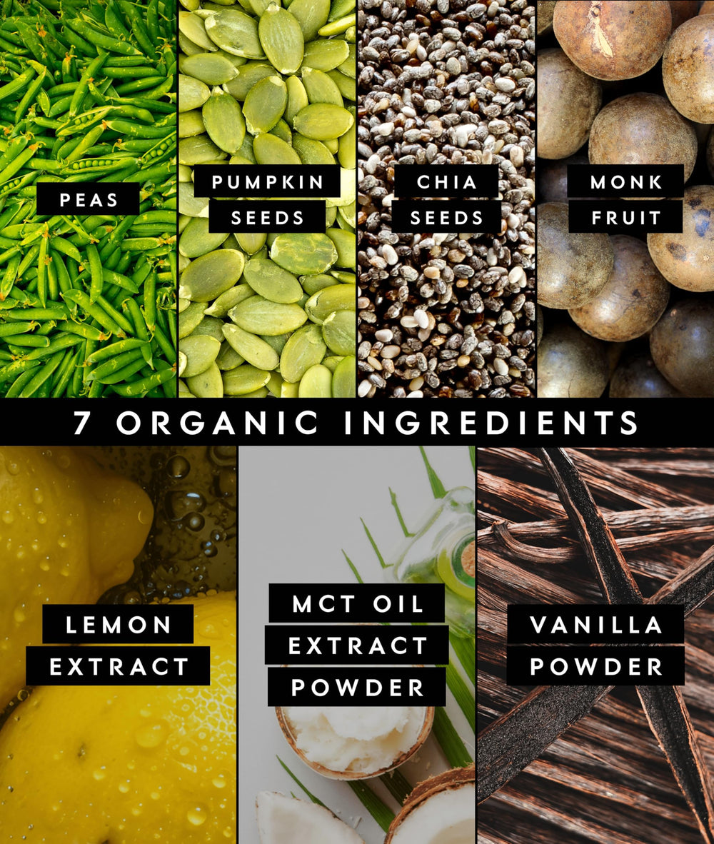 Truvani Organic pea protein ingredients close-up, showing a clean label