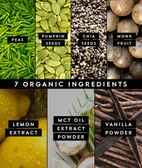 Truvani Organic pea protein ingredients close-up, showing a clean label