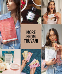 Nutrition panel highlights protein per serving and allergen-free notes on Truvani whey.