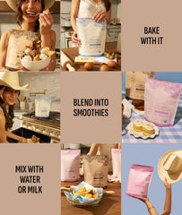 Powder pours into a bowl, suggesting easy smoothie prep with Truvani whey.