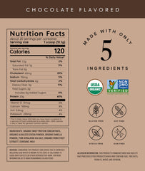 Scoop of Truvani chocolate whey powder highlights 20g protein per serving.