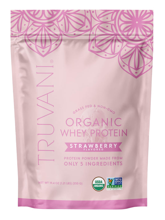 Truvani Organic Whey Protein Strawberry jar shows clean, organic ingredients for daily nutrition.