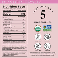 Truvani Organic Whey Protein Strawberry label close-up emphasizes USDA Organic certification.