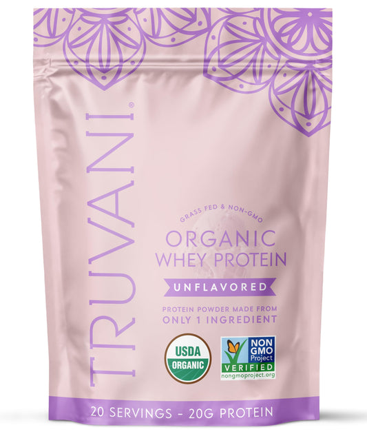 Truvani Organic Whey Protein Unflavored bag shows clean label and grass-fed origin for simple daily protein.
